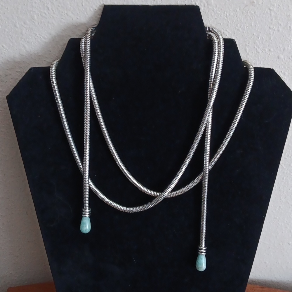 Continuous Snake Silver Tone Chain with Green Stone Ends Necklace